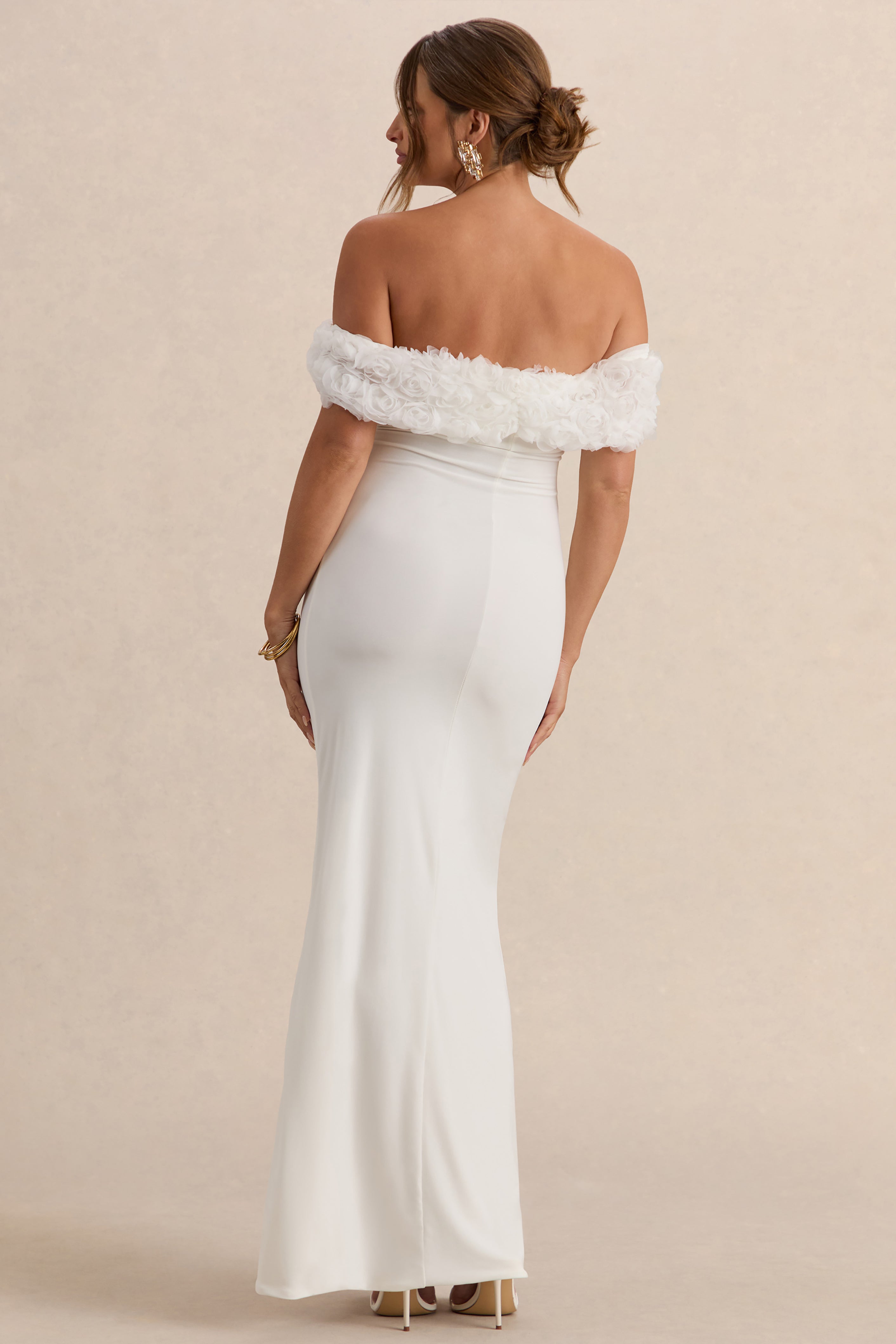 Inflorescence | White Mesh Floral Bardot Maternity Maxi Dress