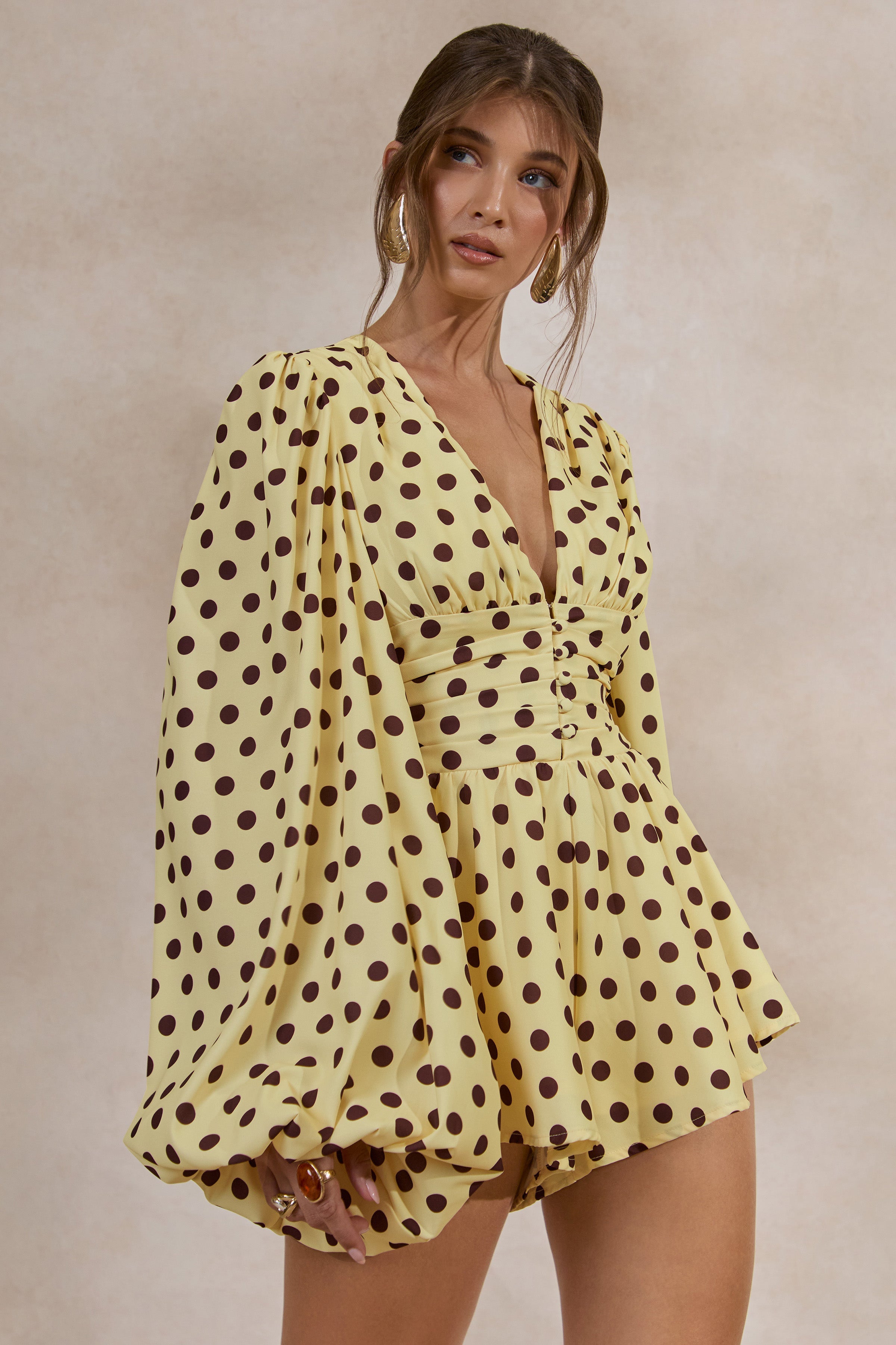 Laurel | Lemon Polka Dot V-Neck Balloon Sleeve Romper