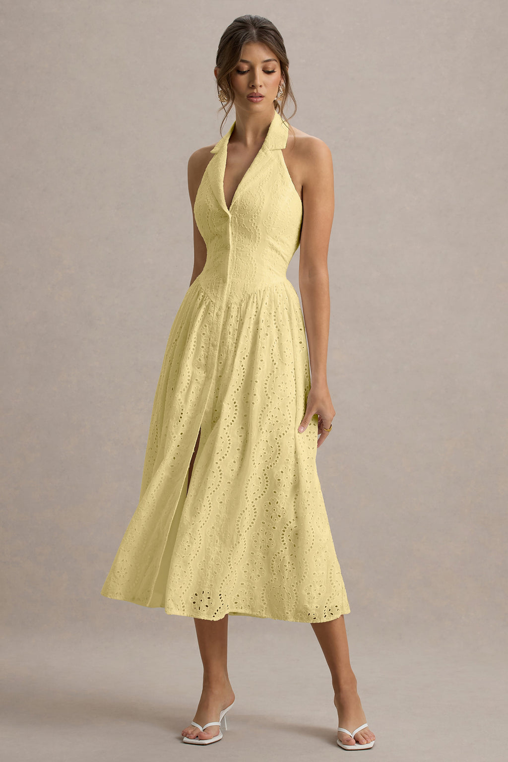 Jezebel | Yellow Lace Plunge-Neck Collared Midi Dress