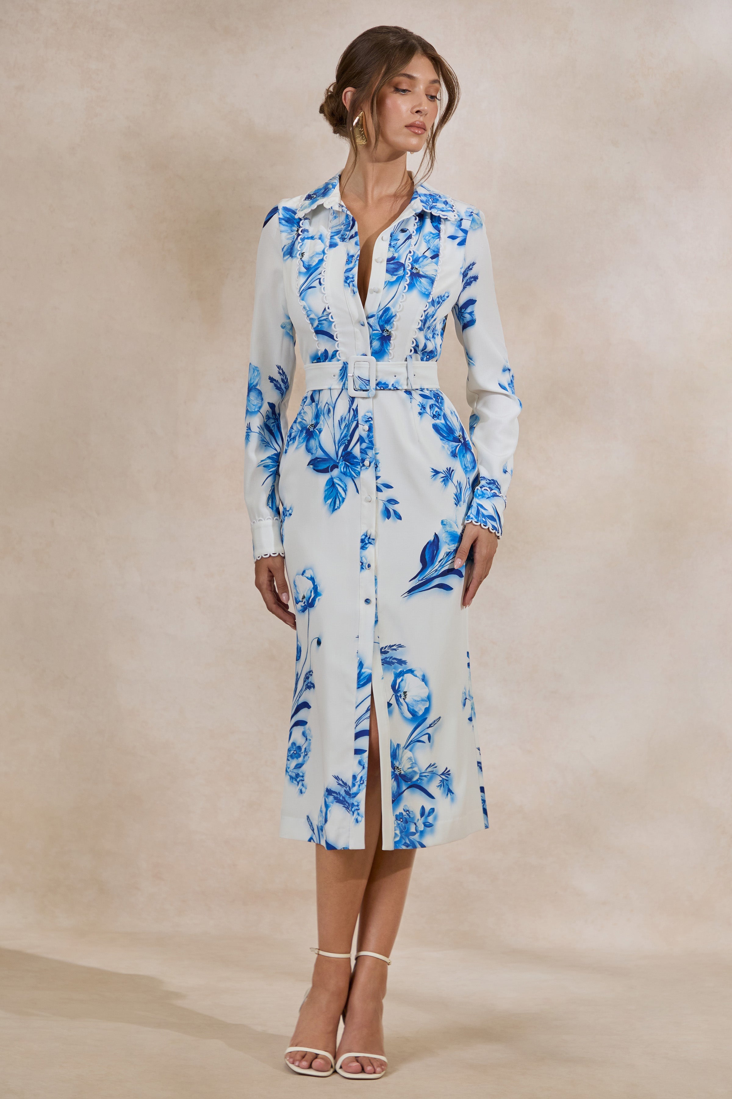 Zephy | Blue Floral Print Belted Shirt Midi Dress