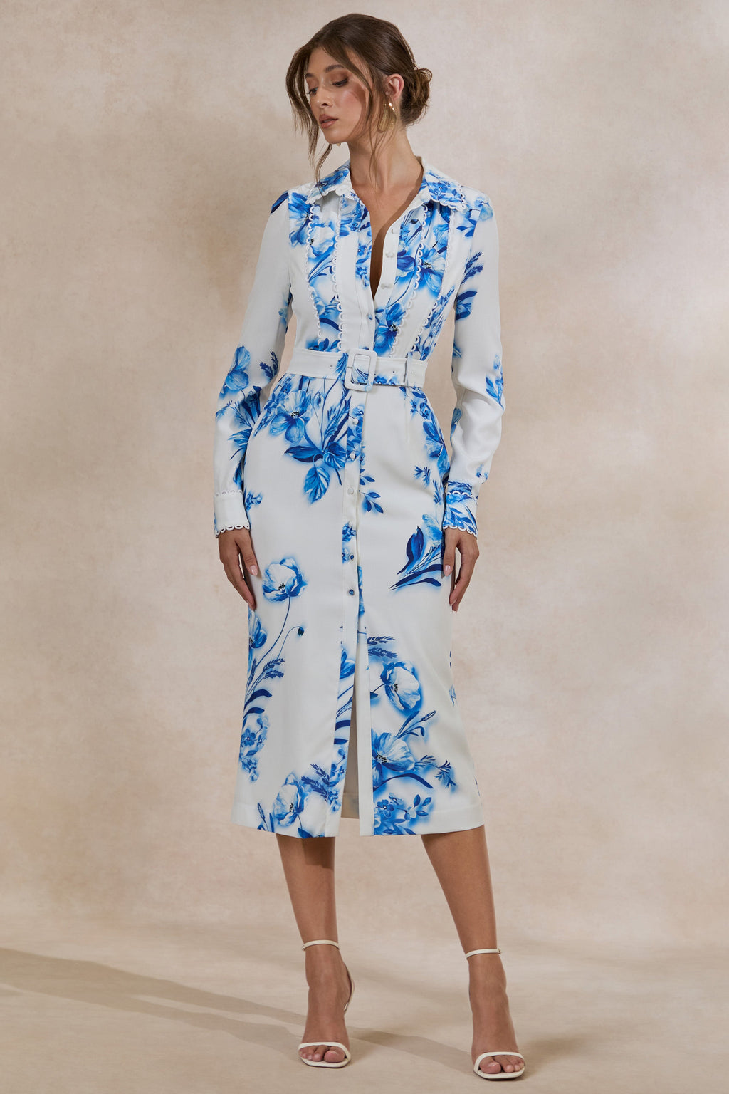 Zephy | Blue Floral Print Belted Shirt Midi Dress