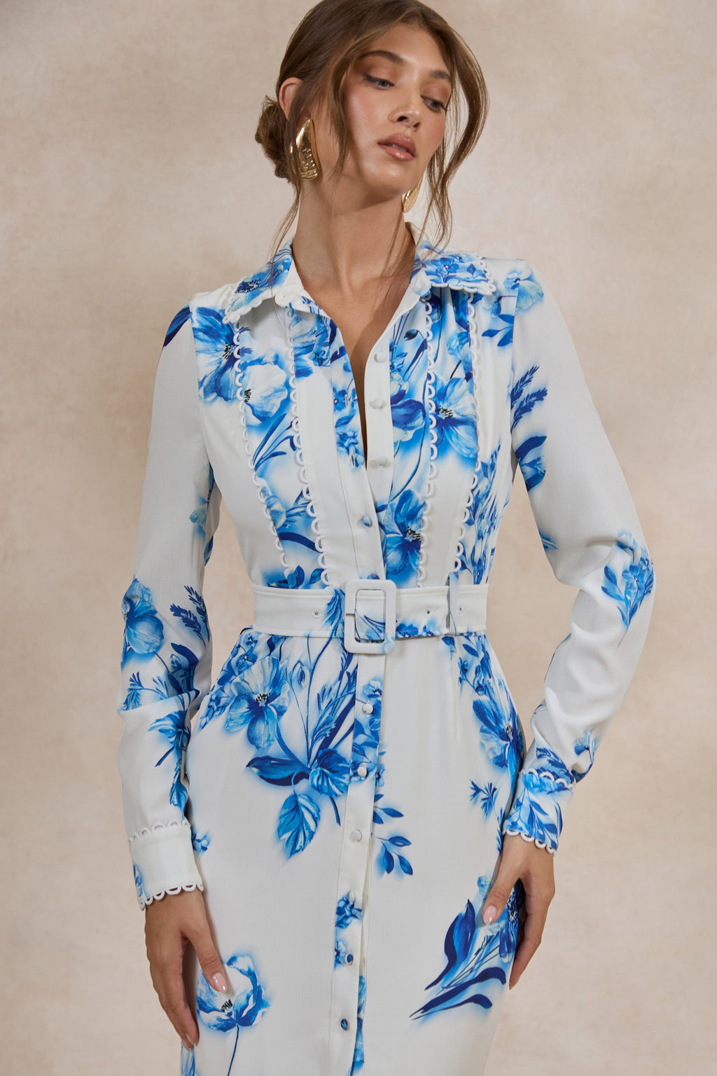 Zephy | Blue Floral Print Belted Shirt Midi Dress