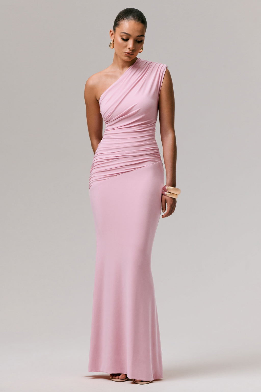 Mardi | Pink Asymmetric Maxi Dress With Ruching