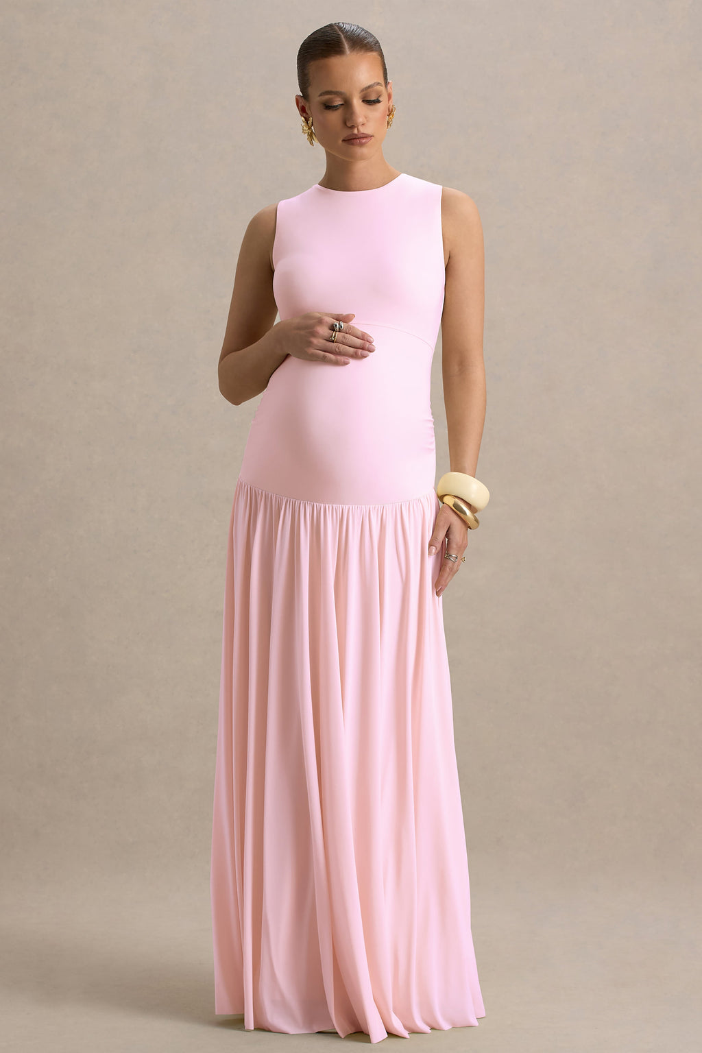 Outline | Light Pink Crew-Neck Maternity Maxi Dress With Pleated Skirt