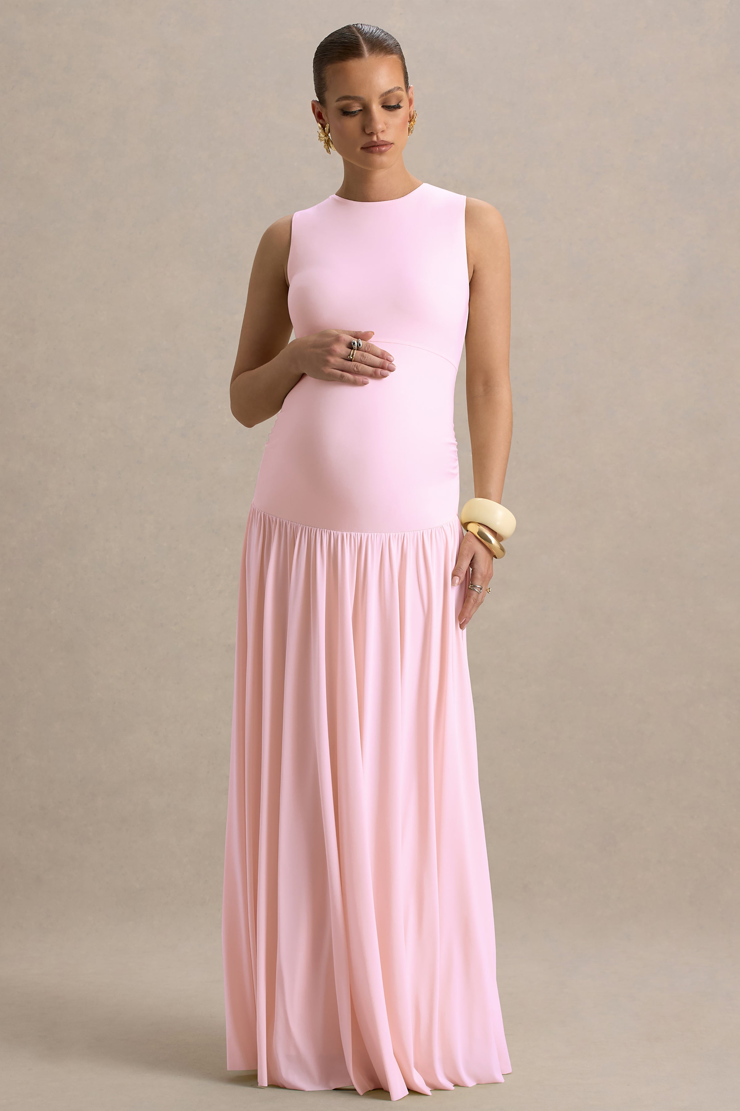 Outline | Light Pink Crew-Neck Maternity Maxi Dress With Pleated Skirt