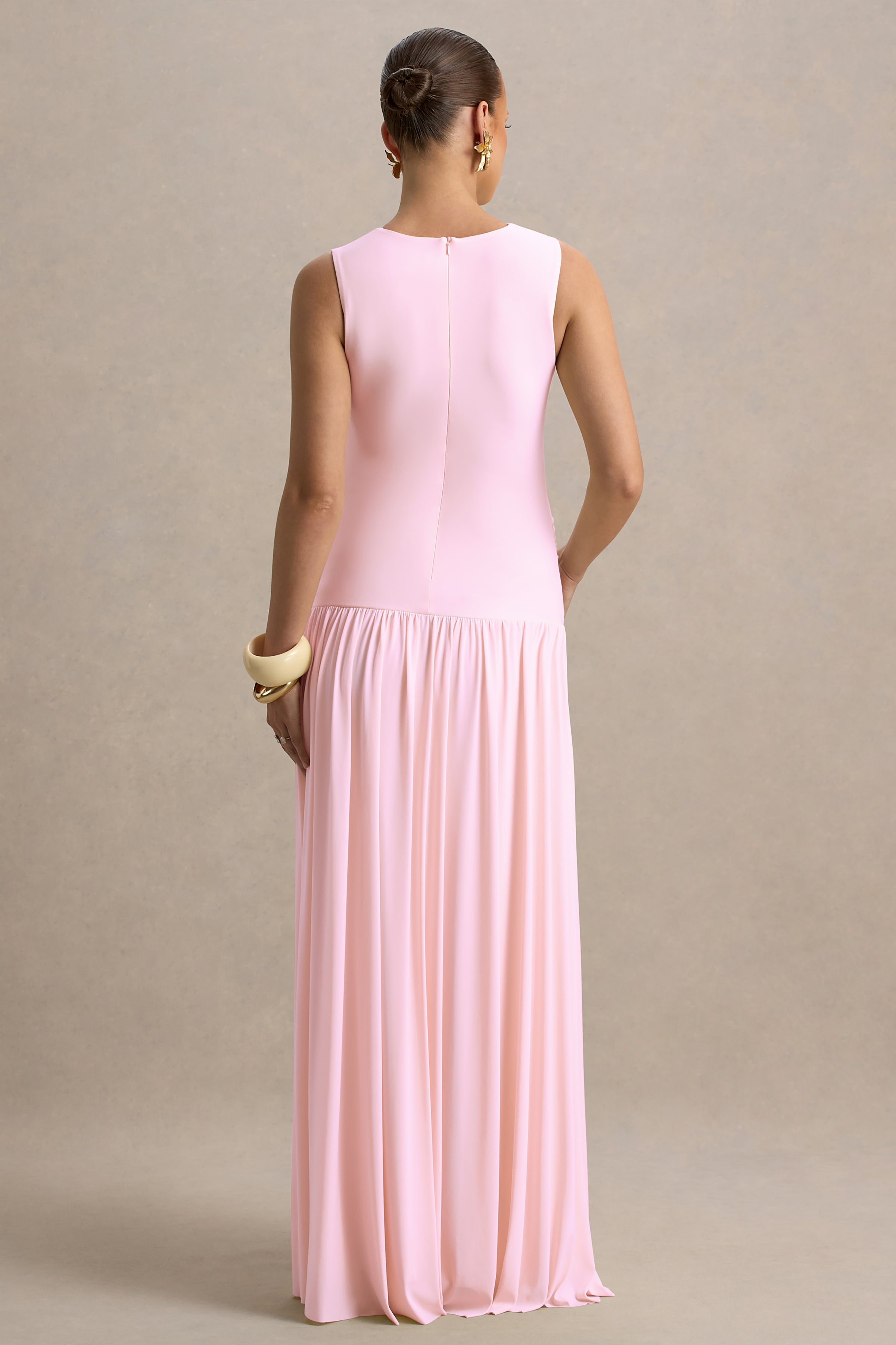 Outline | Light Pink Crew-Neck Maternity Maxi Dress With Pleated Skirt