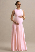 Outline | Light Pink Crew-Neck Maternity Maxi Dress With Pleated Skirt
