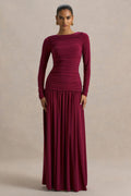 Aniyah | Burgundy Slashed-Neck Maxi Dress With Ruched Detailing