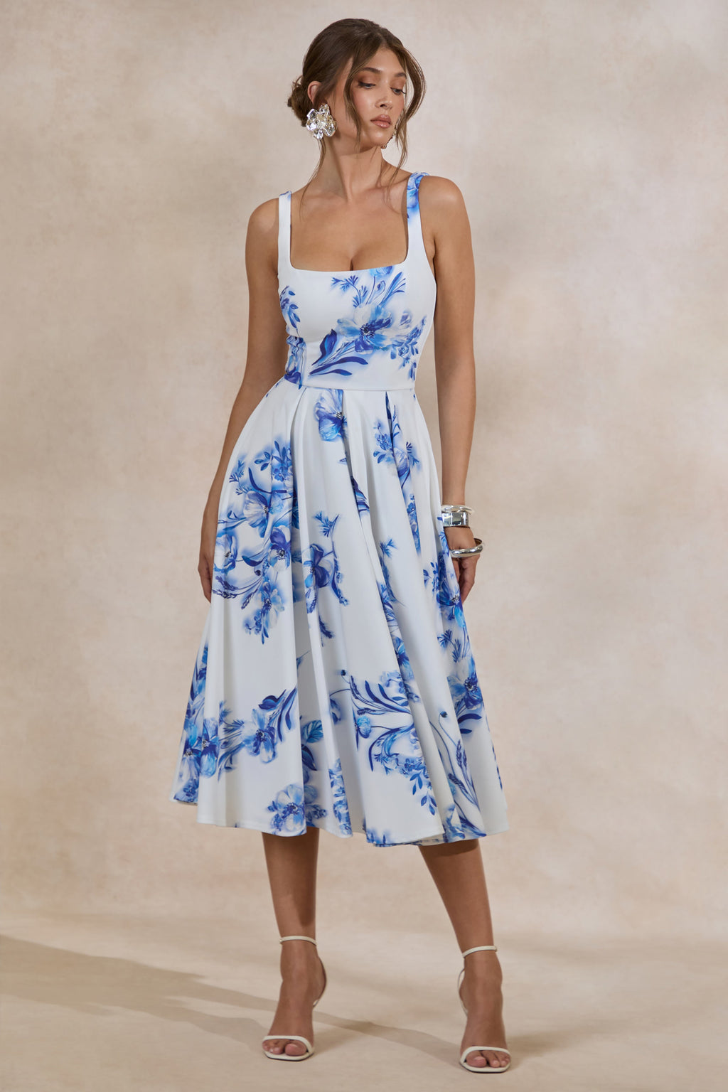 Lissa | Blue Floral Print Square-Neck Midi Dress