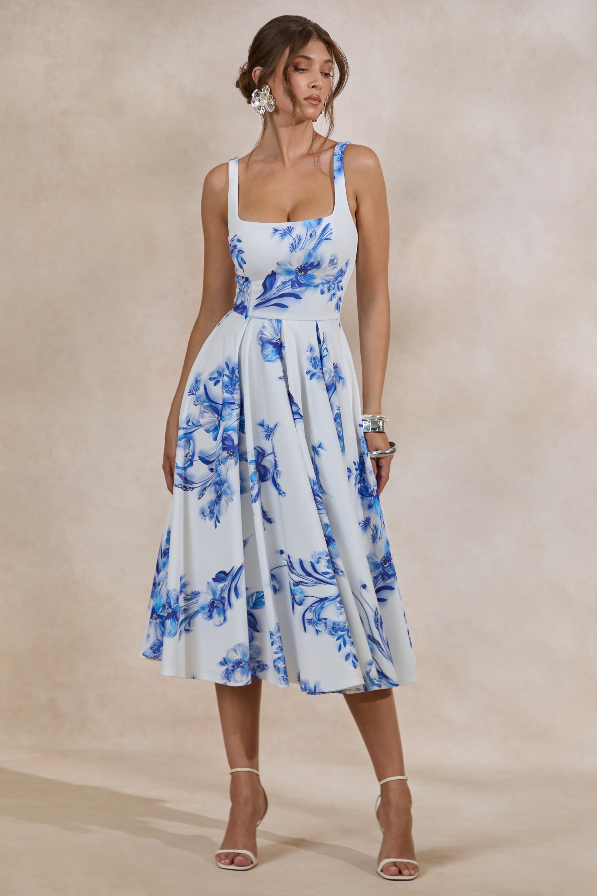 Lissa | Blue Floral Print Square-Neck Midi Dress