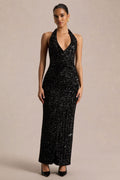 Gio | Black Sequin Plunge-Neck Wrap Maxi Dress With Ruched Detailing And Front Split