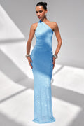 Deity | Powder Blue Hotfix Asymmetric-Neck Maxi Dress With Open-Back