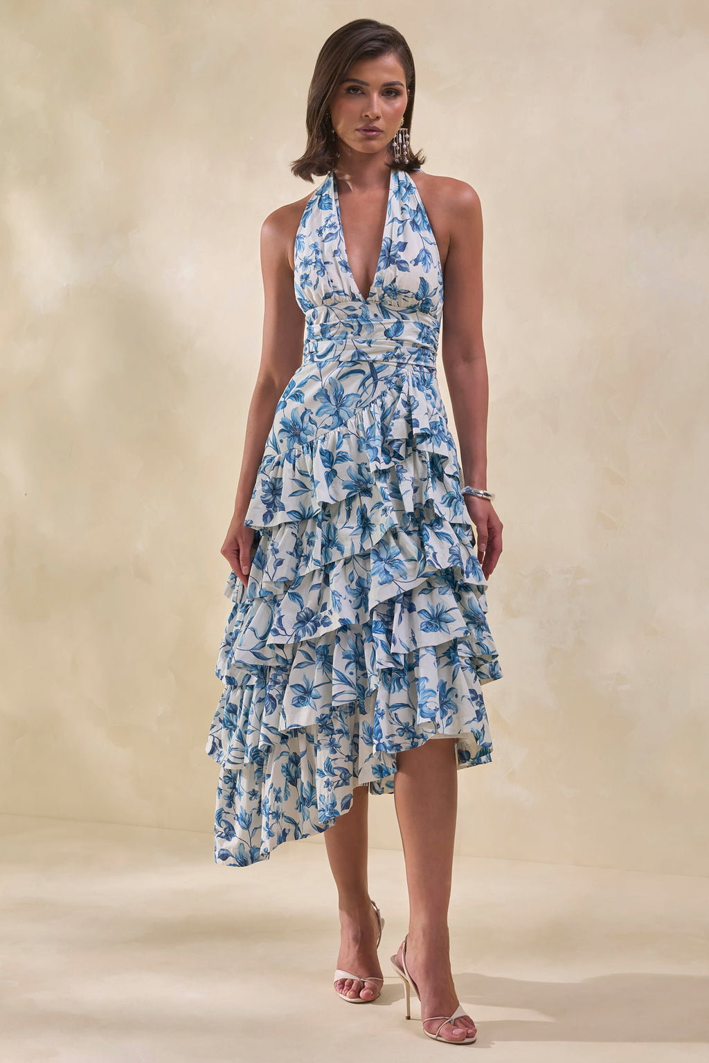 Velora | Blue Porcelain Print Asymmetric-Neck Midi Dress With Tiered-Ruffled Skirt