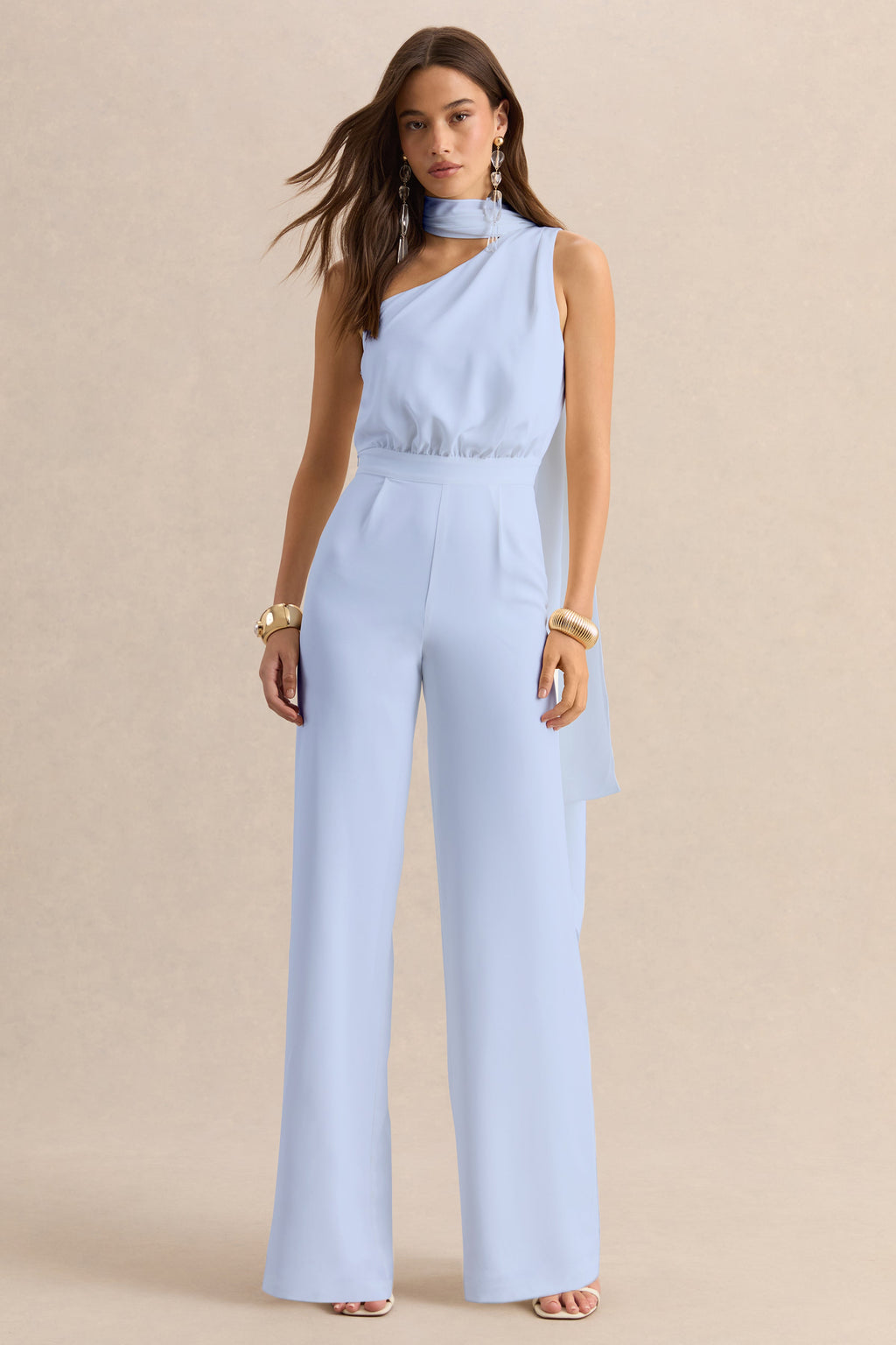 Gliselle | Powder Blue Asymmetric-Neck Jumpsuit With Scarf-Detail