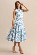 Sunnira | Blue Porcelain Print Boat-Neck Midi Dress With Drop-Waist