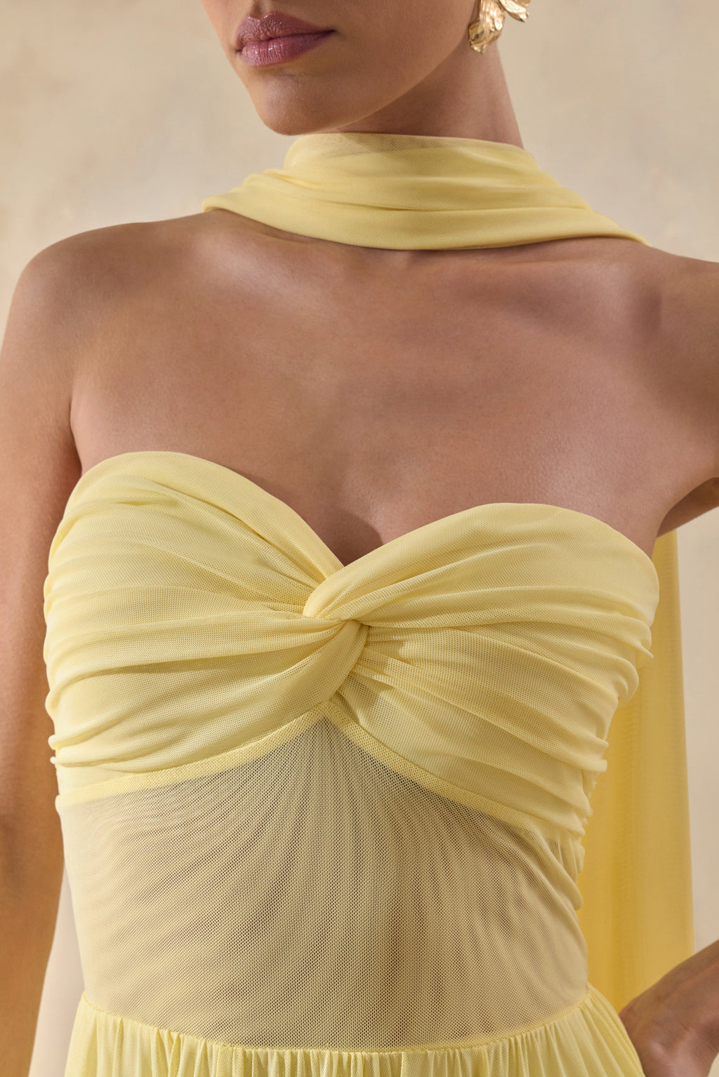 Lyvoria | Lemon Bandeau Maxi Dress With Mesh-Detail And Scarf
