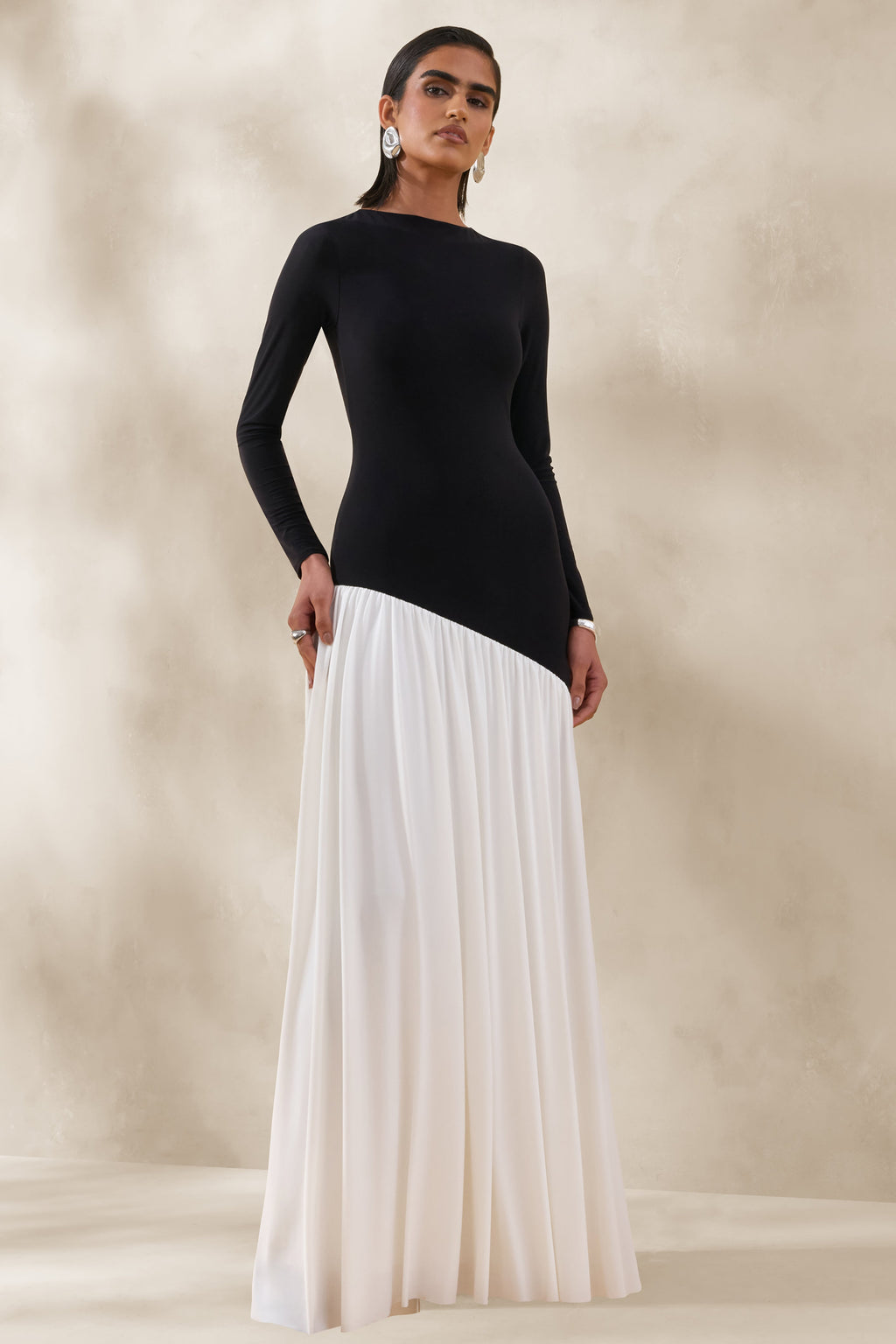 Jasira | Black & White Slashed-Neck Maxi Dress With Asymmetric Drop-Waist
