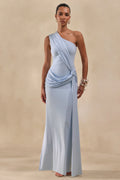 Lunoria | Powder Blue Asymmetric-Neck Maxi Dress With Gathered-Detailing