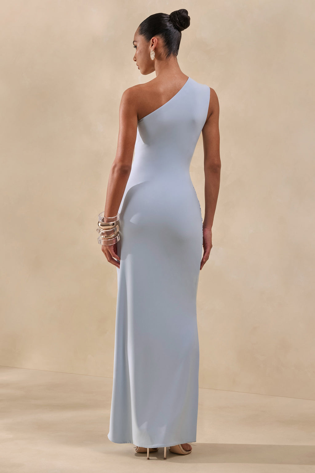 Lunoria | Powder Blue Asymmetric-Neck Maxi Dress With Gathered-Detailing