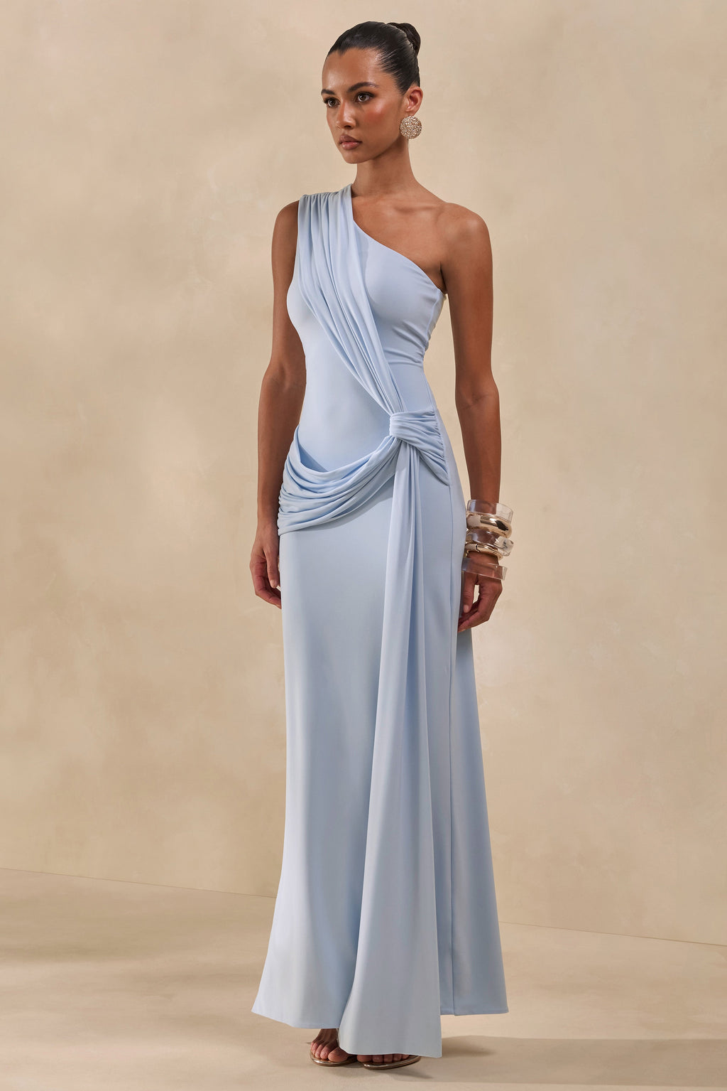 Lunoria | Powder Blue Asymmetric-Neck Maxi Dress With Gathered-Detailing