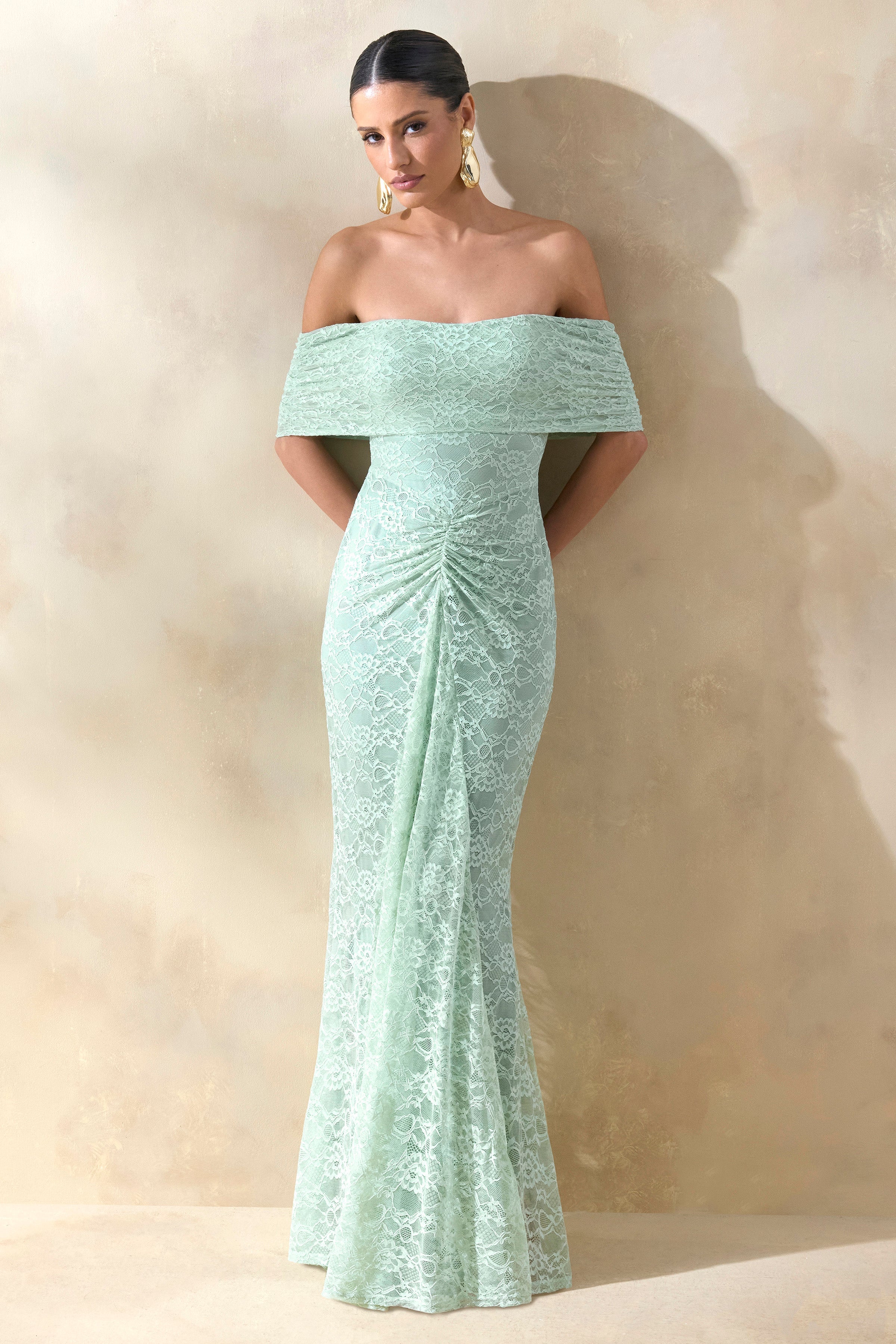 Elinor | Sage Lace Bardot-Neck Maxi Dress With Gathered-Detailing