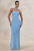 Massima | Light Blue Lace Bandeau Maxi Dress With Scarf-Detail