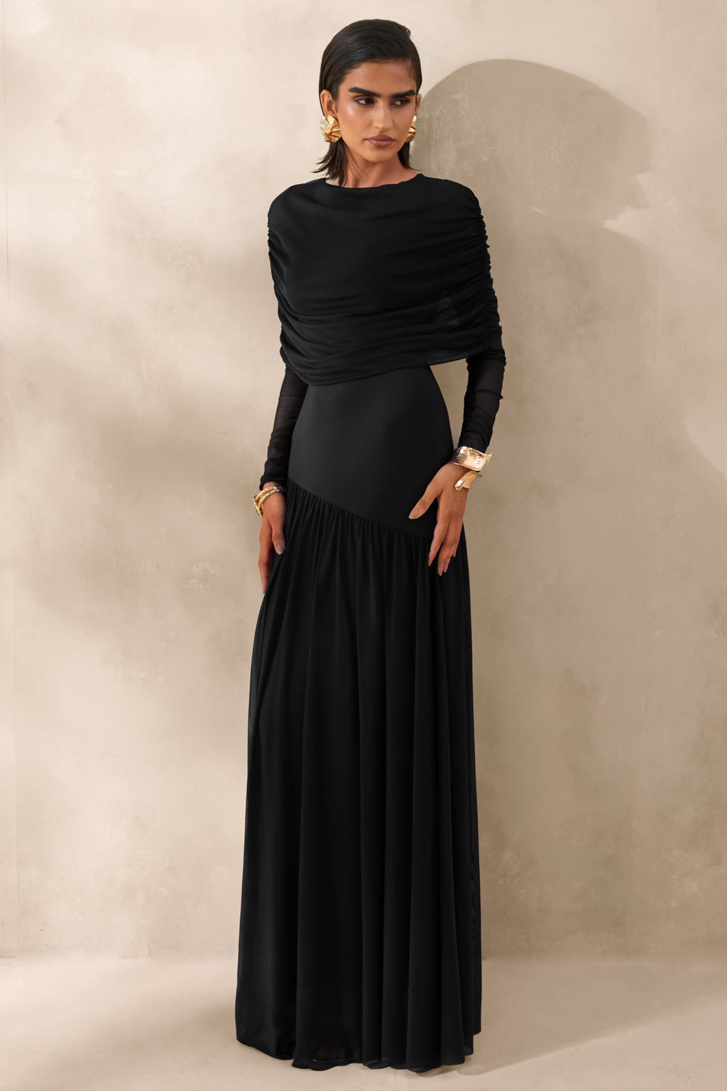 Enalia | Black Mesh High-Neck Maxi Dress With Short-Cape