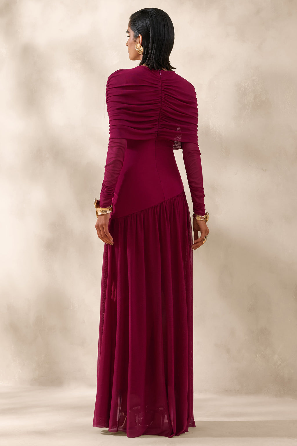 Enalia | Burgundy Mesh High-Neck Maxi Dress With Short-Cape