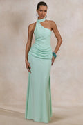 Aevina | Mint Satin Asymmetric-Neck Maxi Dress With Scarf-Detail