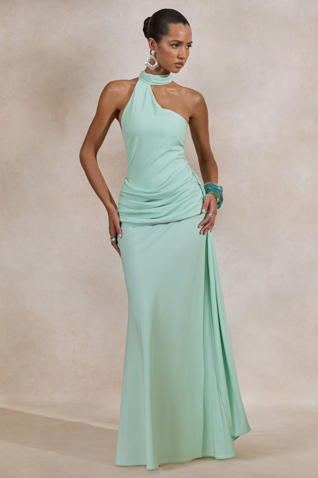 Aevina | Mint Satin Asymmetric-Neck Maxi Dress With Scarf-Detail