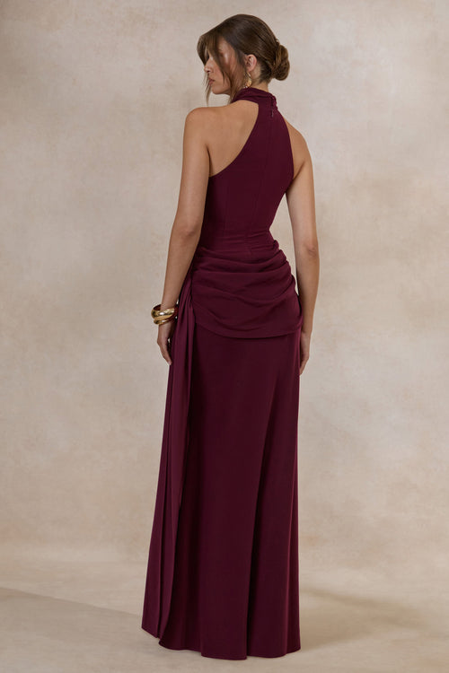 Aevina | Burgundy Satin Asymmetric-Neck Maxi Dress With Scarf-Detail