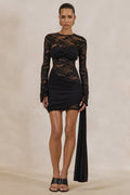 Milavia | Black Lace Crew-Neck Mini Dress With Wrap & Sash Detail