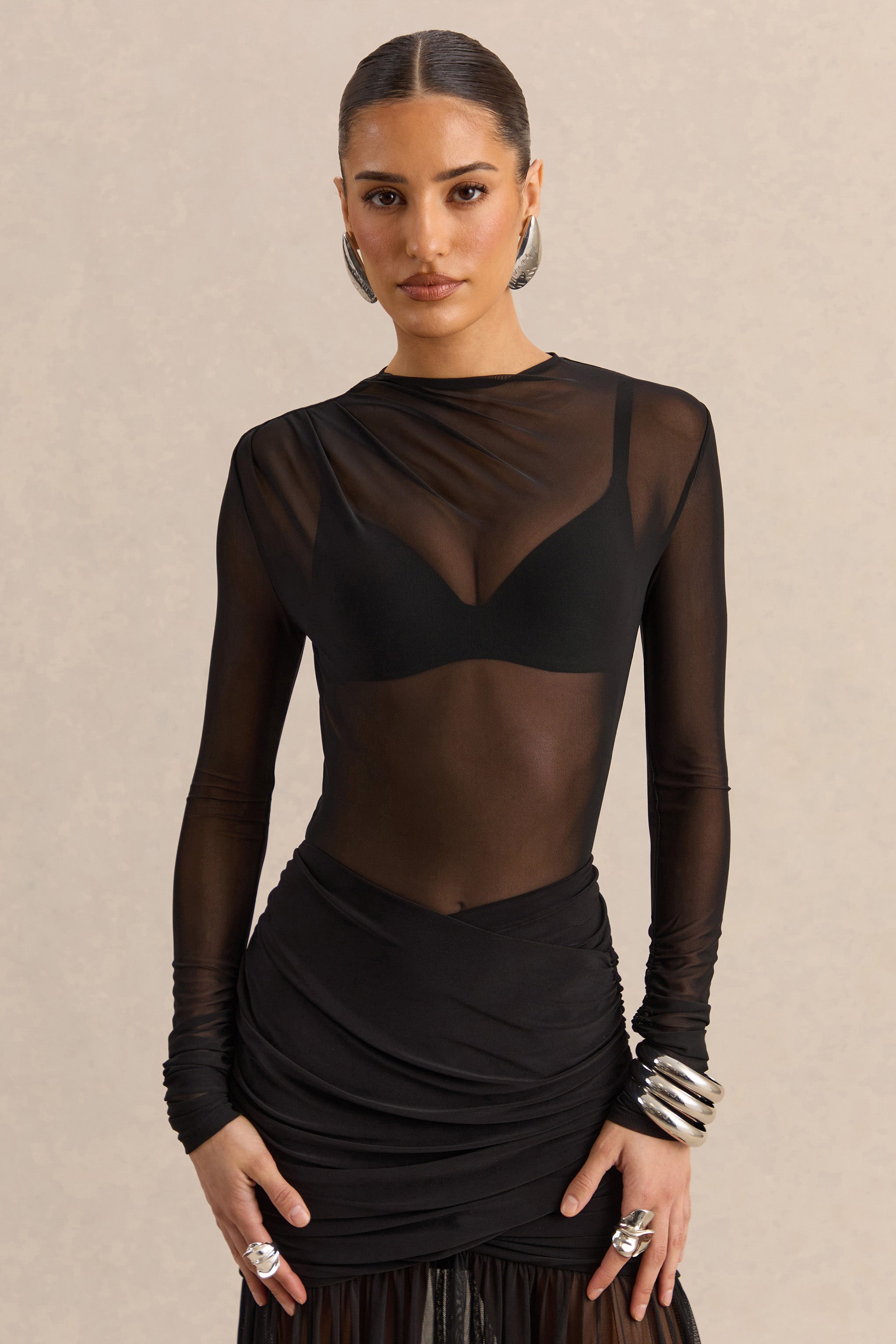 Garina | Black Mesh High-Neck Thong Bodysuit With Long-Sleeves