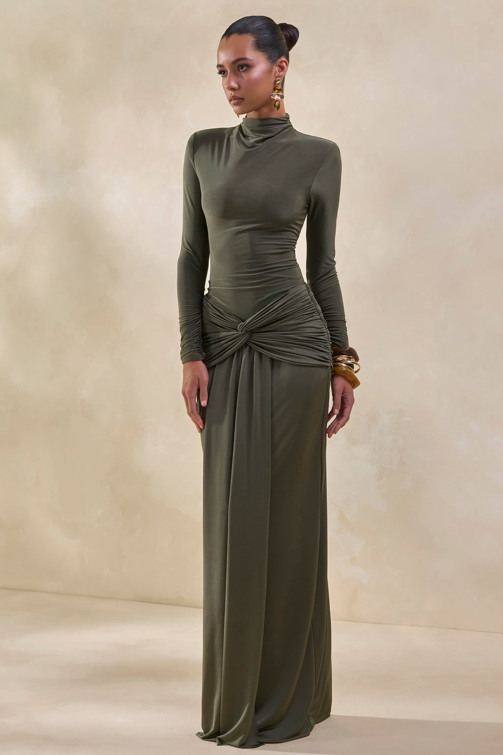 Theria | Khaki Maxi Skirt With Gathering And Knot Detail