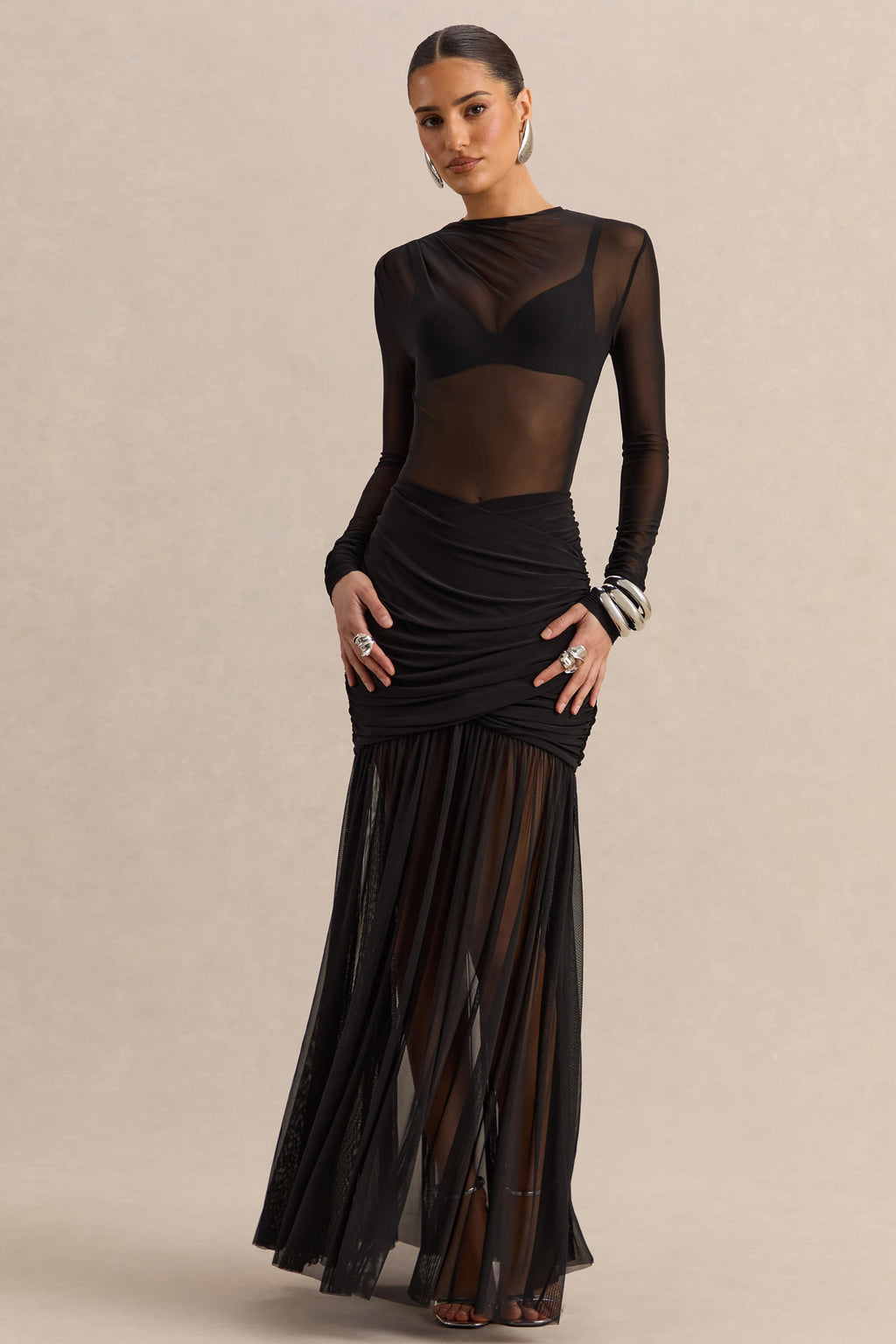 Kallie | Black Twisted Waist Mesh Maxi Skirt