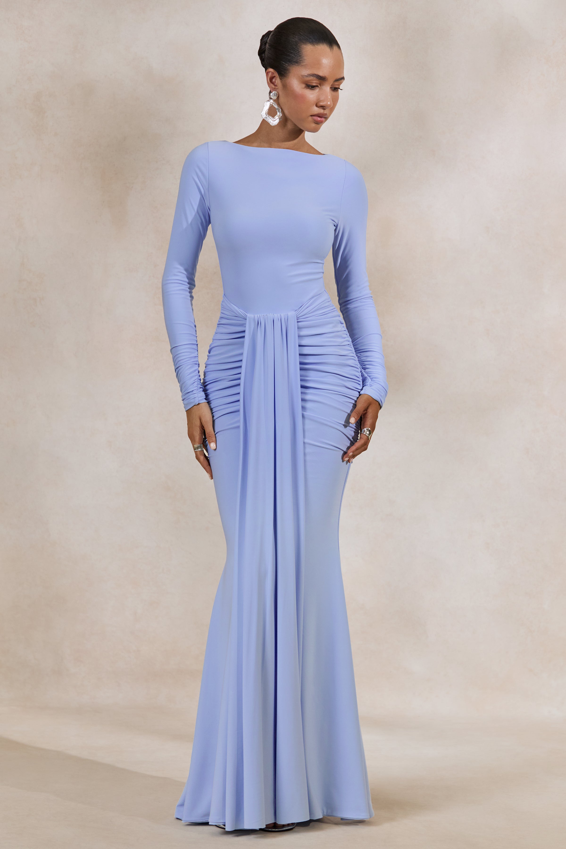 Liatris | Light Blue Wide-Neck Maxi-Dress With Gathered-Detailing