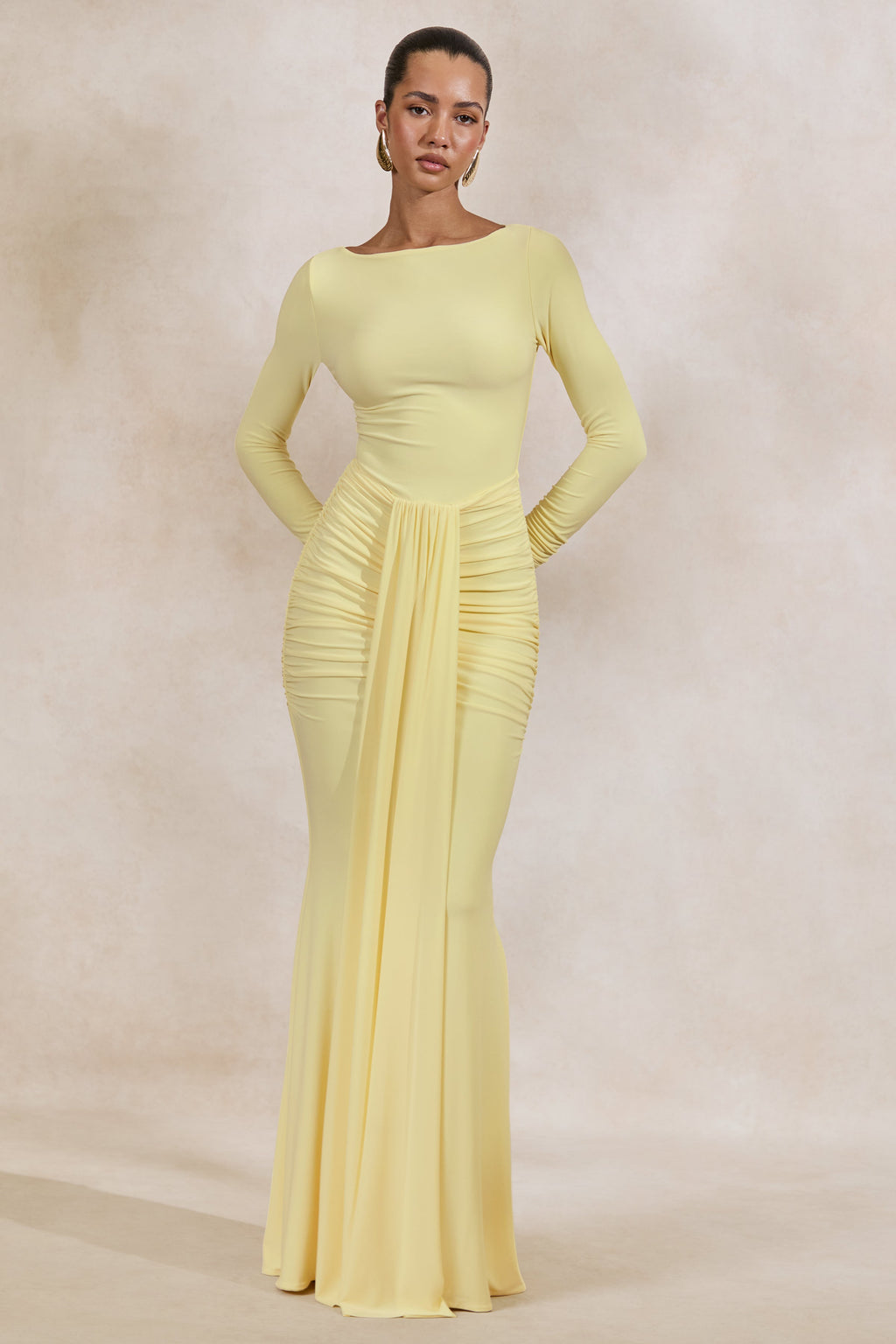 Liatris | Lemon Wide-Neck Maxi-Dress With Gathered-Detailing