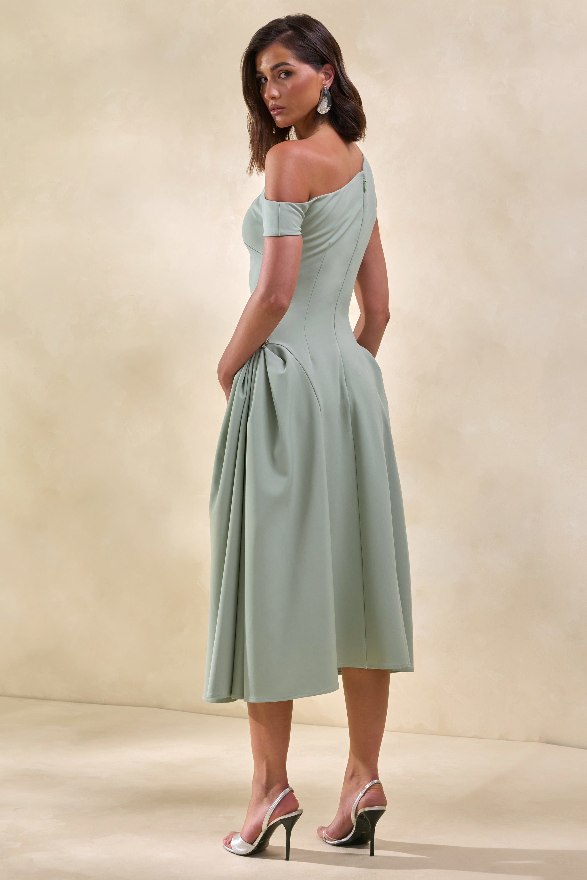 Celosia | Sage Asymmetric-Neck Midi Dress With Silver Detailing