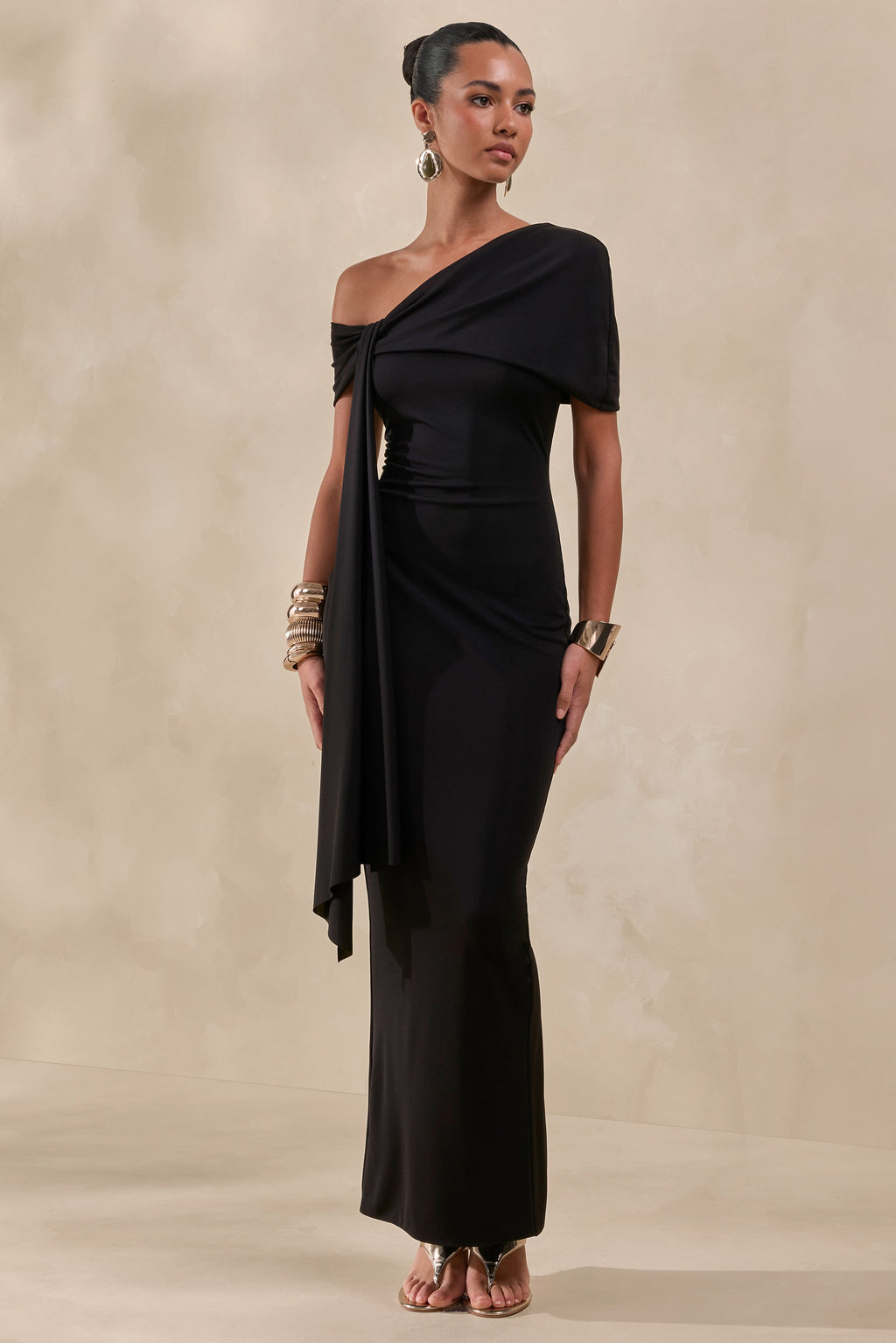Esalina | Black Asymmetric-Neck Maxi Dress With Sash