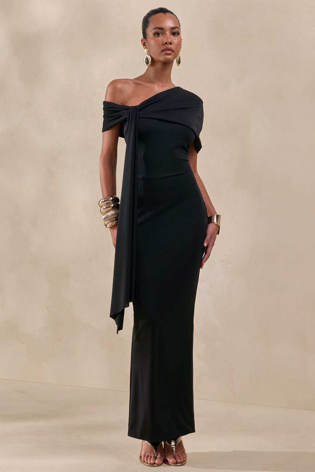 Esalina | Black Asymmetric-Neck Maxi Dress With Sash