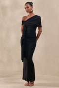 Esalina | Black Asymmetric-Neck Maxi Dress With Sash