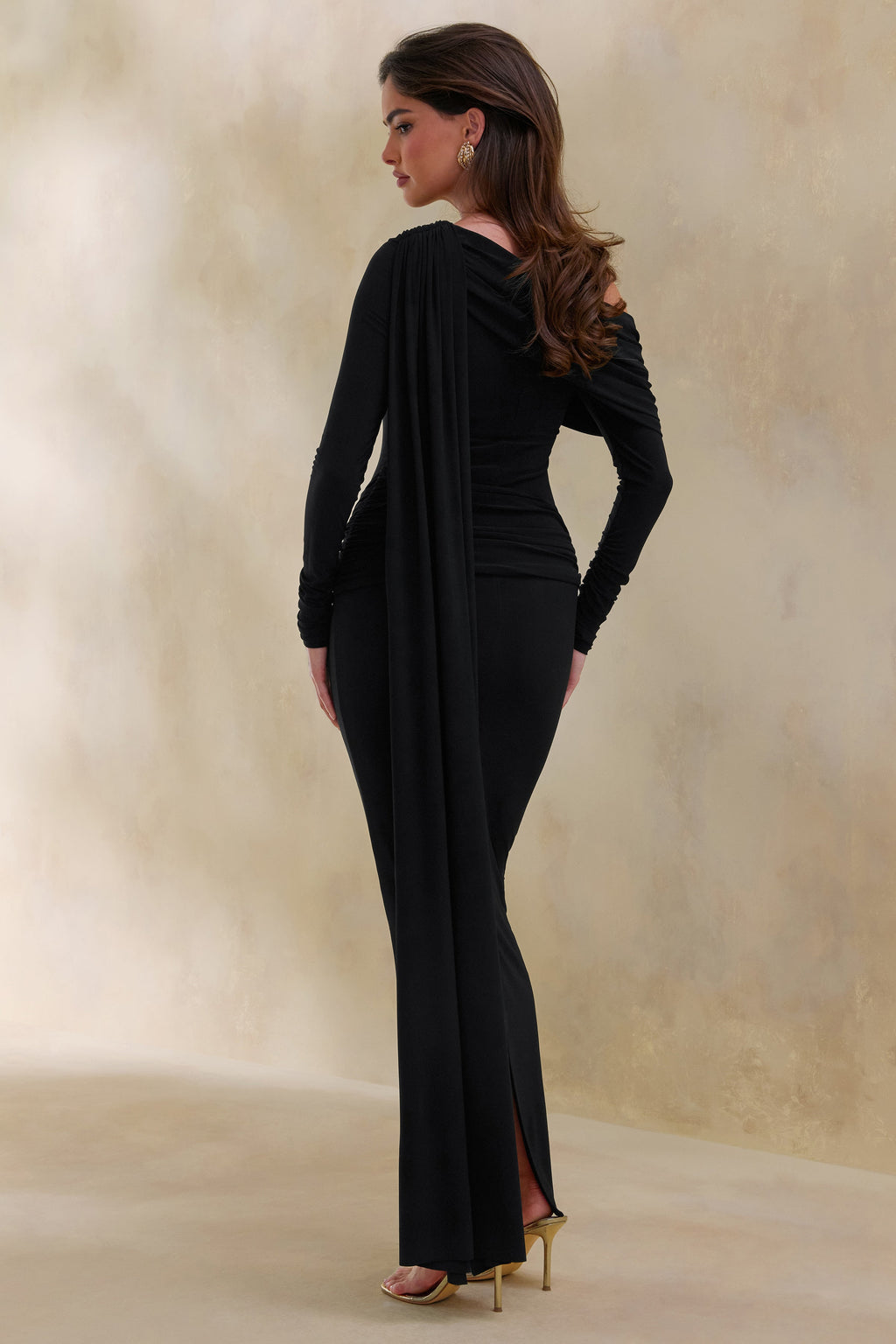 Bessy | Black Asymmetric-Neck Maxi Dress With Gathered-Detailing And Sash