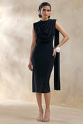 Lysandria | Black High-Neck Midi Dress With Draped-Detailing