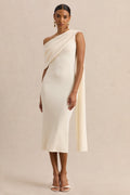 Madelisse | Cream Asymmetric-Neck Midi Dress With Sash