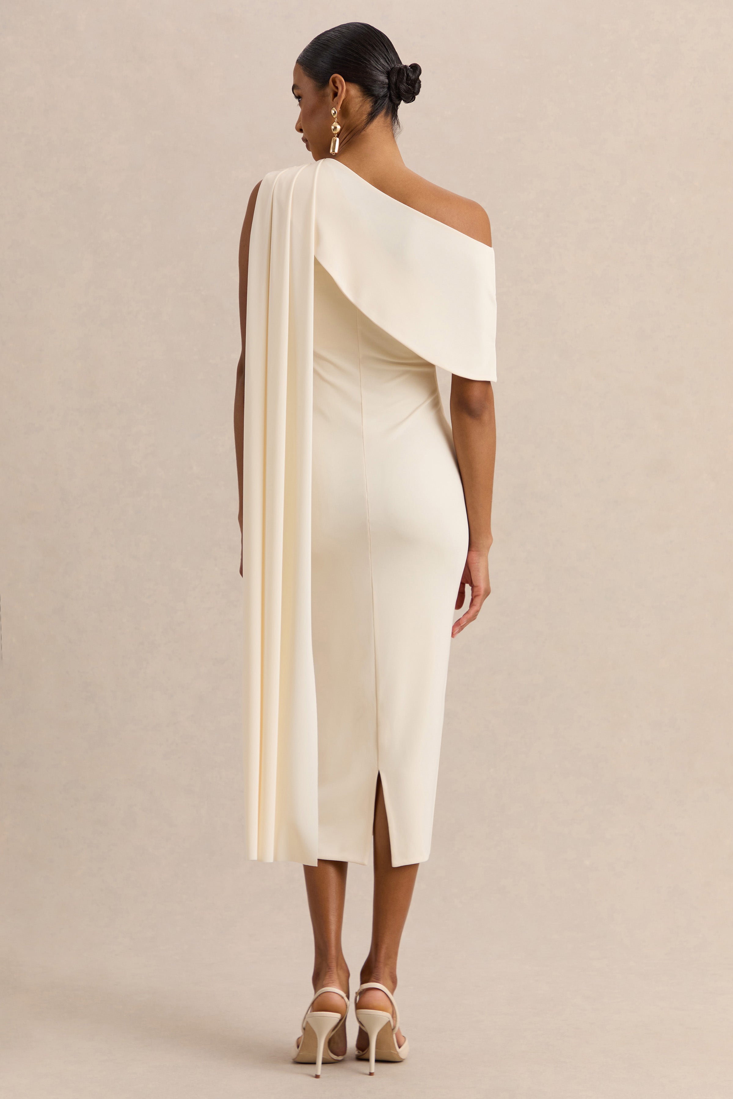 Madelisse | Cream Asymmetric-Neck Midi Dress With Sash