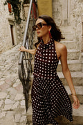 Lirona | Brown Polka-Dot Satin High-Neck Top