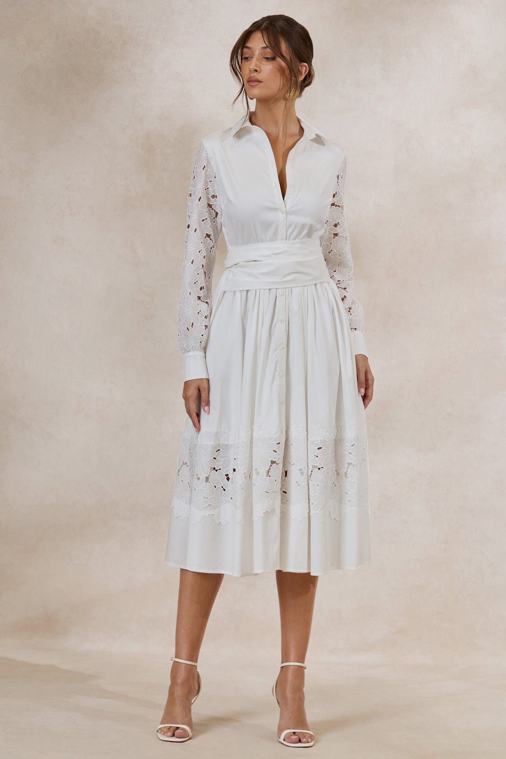 Zalynne | White Broderie Collared-Neck Midi Dress