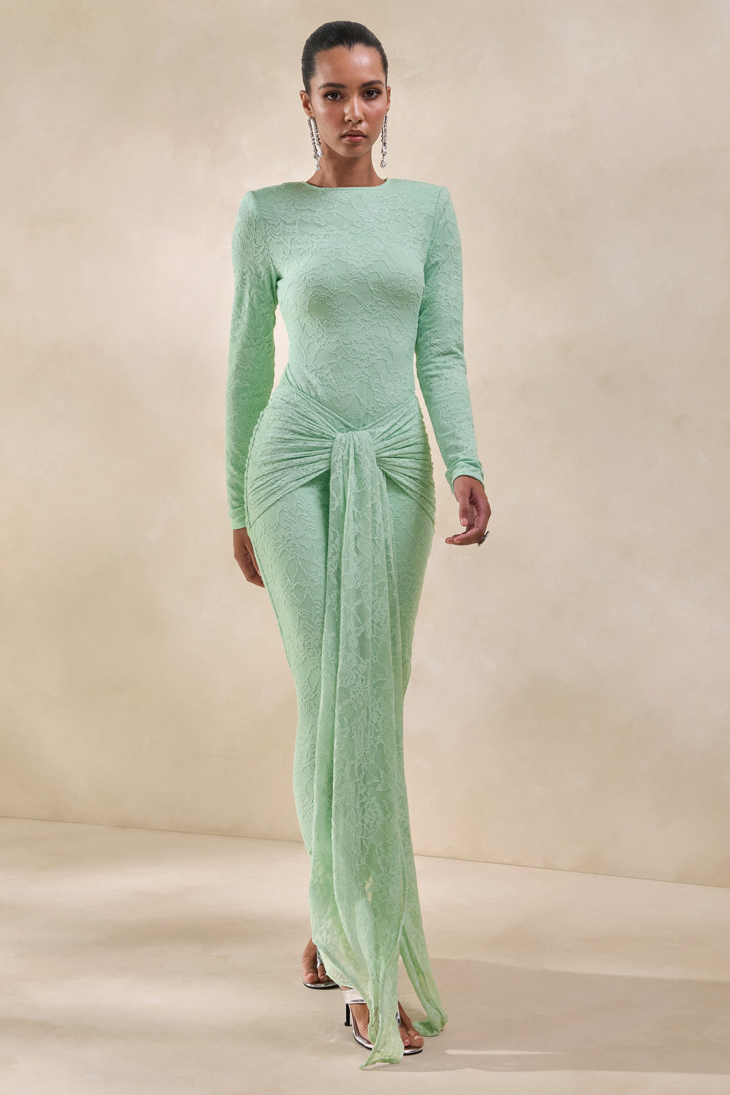 Neriva | Mint Lace Maxi Skirt With Gathered Detailing And Sash