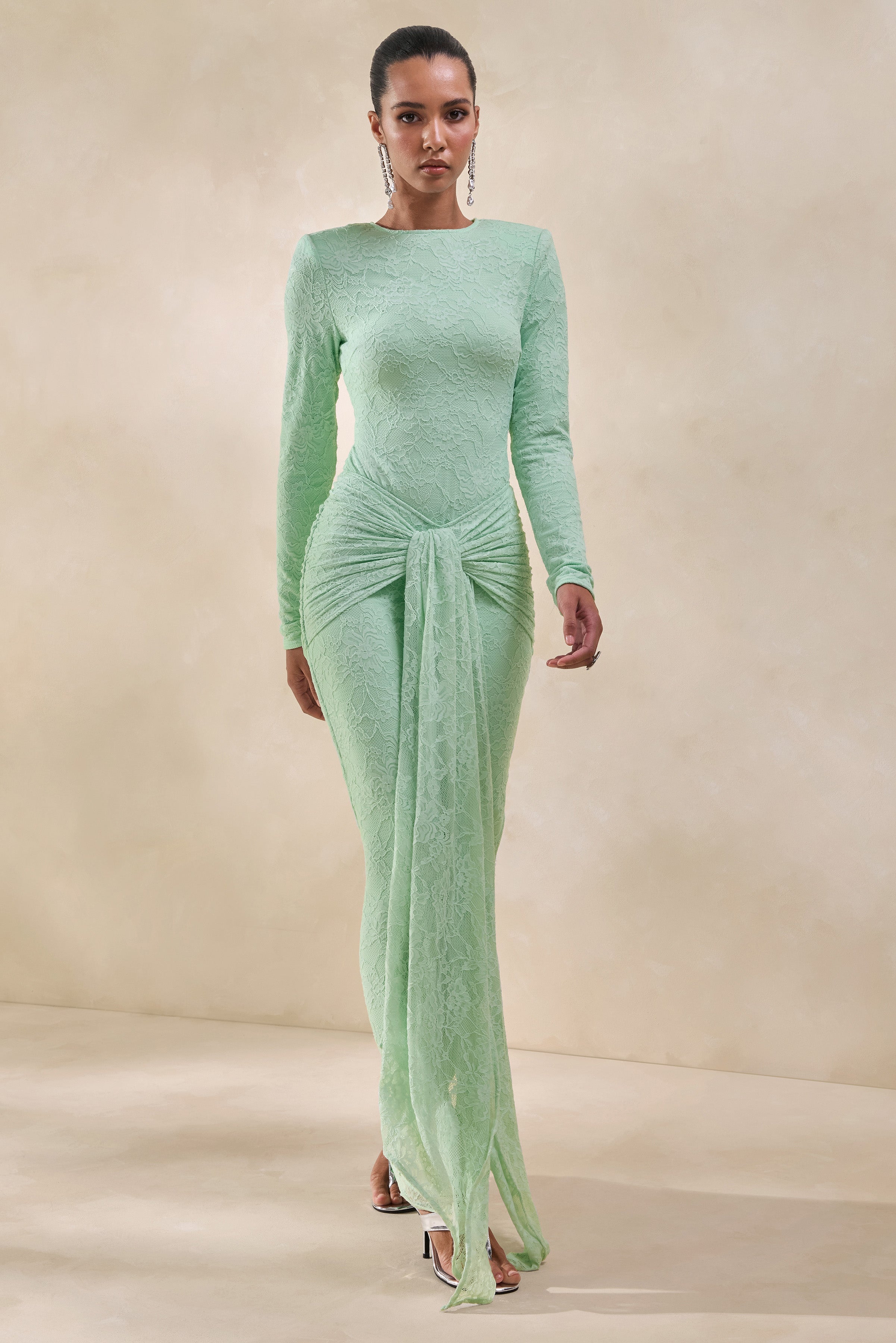 Neriva | Mint Lace Maxi Skirt With Gathered Detailing And Sash