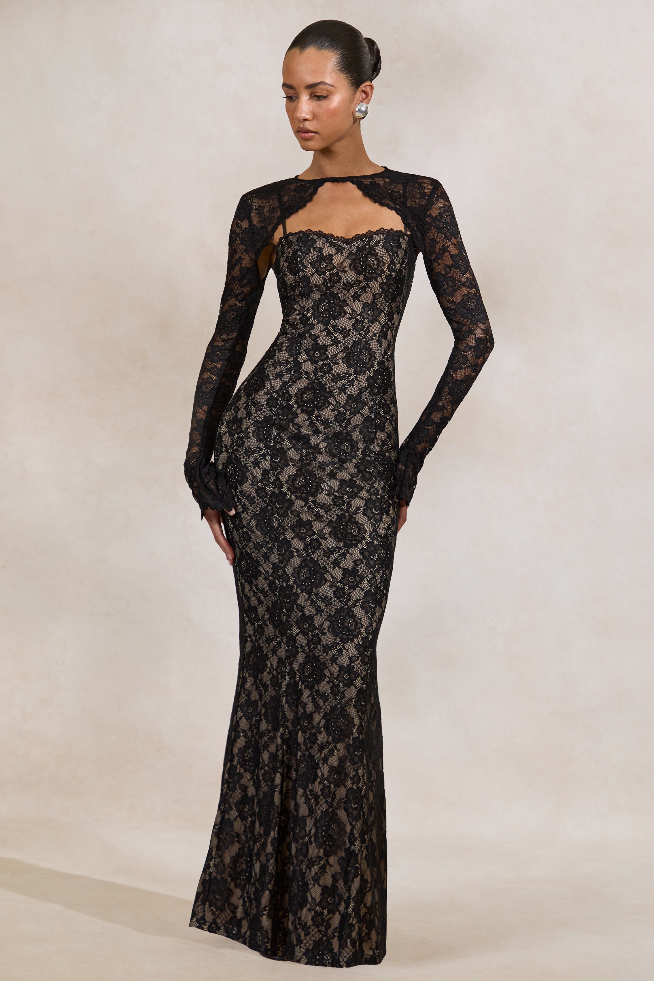 Mirellia | Black Lace Sweetheart-Neck Maxi Dress